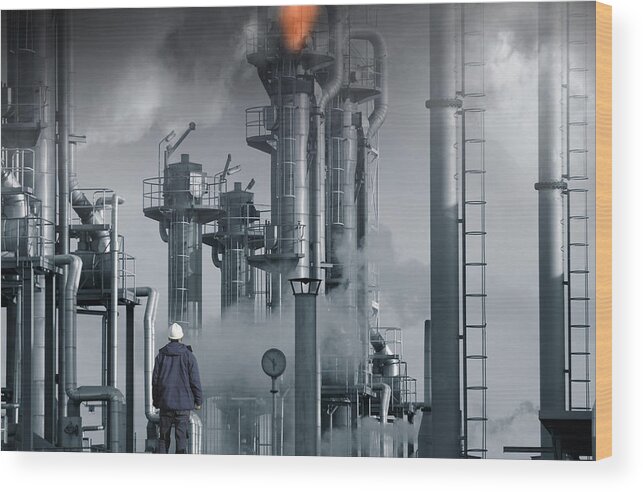 Oil-worker Wood Print featuring the photograph Refinery Flames Fire Smoke And Smog by Christian Lagereek