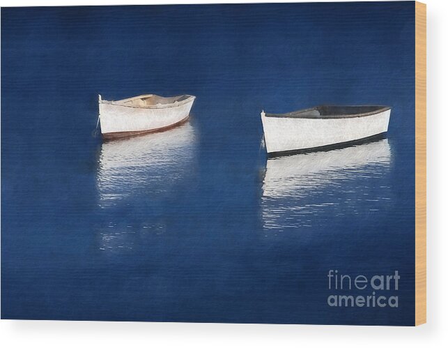 Rowboats Wood Print featuring the digital art Reflections on Blue by Jayne Carney