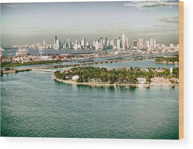 Retro Wood Print featuring the photograph Retro Style Miami Skyline and Biscayne Bay by Gary Dean Mercer Clark