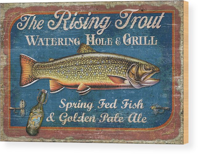 Jon Q Wright Wood Print featuring the painting Rising Trout Sign by JQ Licensing