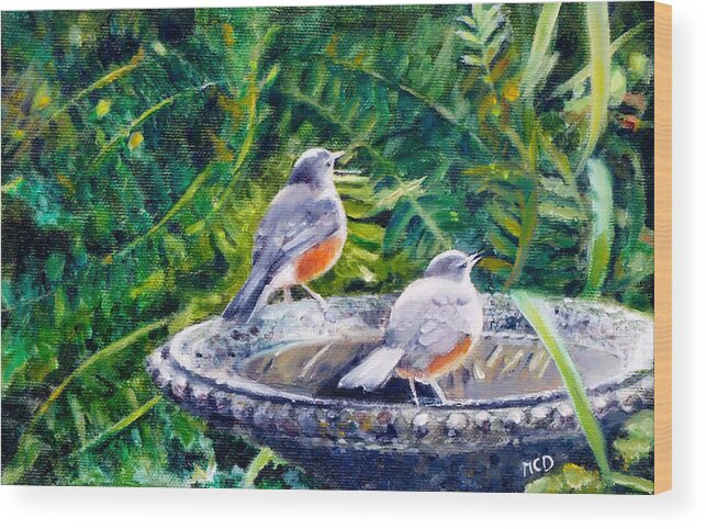 Robins Drinking Wood Print featuring the painting Robins Drinking by Marie-Claire Dole