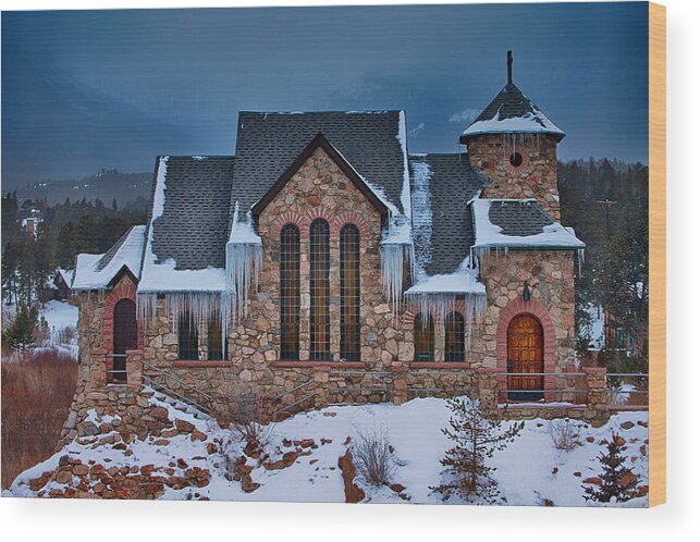 Snow Wood Print featuring the photograph Rocky Mountain Chruch by Darren White