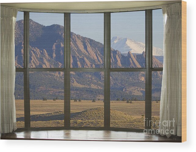 Window Wood Print featuring the photograph Rocky Mountains Flatirons with Snow Longs Peak Bay Window View by James BO Insogna