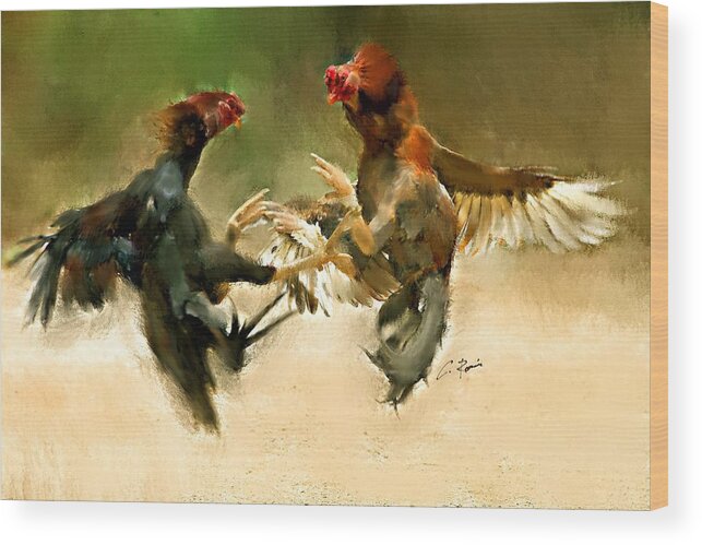 Rooster Wood Print featuring the painting Rooster Fight HD by Charlie Roman