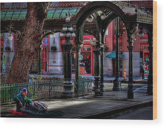 The Pergola Wood Print featuring the photograph Rough Times in Seattle - The Pergola in Pioneer Square by David Patterson