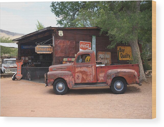 66 Wood Print featuring the photograph Route 66 Garage and Pickup 2012 by Frank Romeo