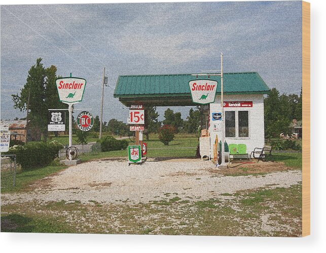 66 Wood Print featuring the photograph Route 66 Gas Station with Sponge Painting Effect by Frank Romeo