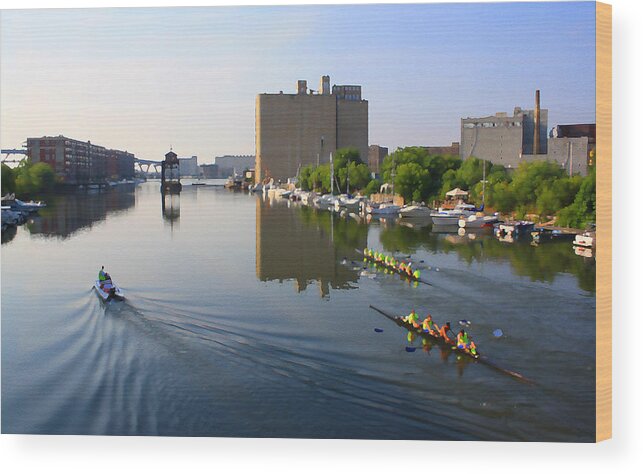 Milwaukee Wood Print featuring the digital art Rowers Milwaukee River 1 by Geoff Strehlow