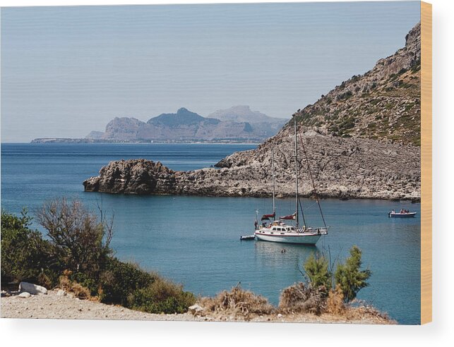 Island Of Rhodes Wood Print featuring the photograph Sailboat at Anthony Quinn Bay by Lorraine Devon Wilke