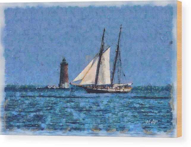New Castle Wood Print featuring the photograph Sailing past Whaleback Lighthouse by Jeff Folger