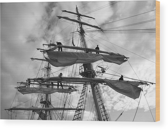 Black And White Wood Print featuring the photograph Sailors working in the rigging - monochrome by Ulrich Kunst And Bettina Scheidulin