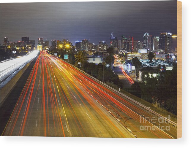 Long Exposure Wood Print featuring the photograph San Diego Skyline by Bryan Mullennix