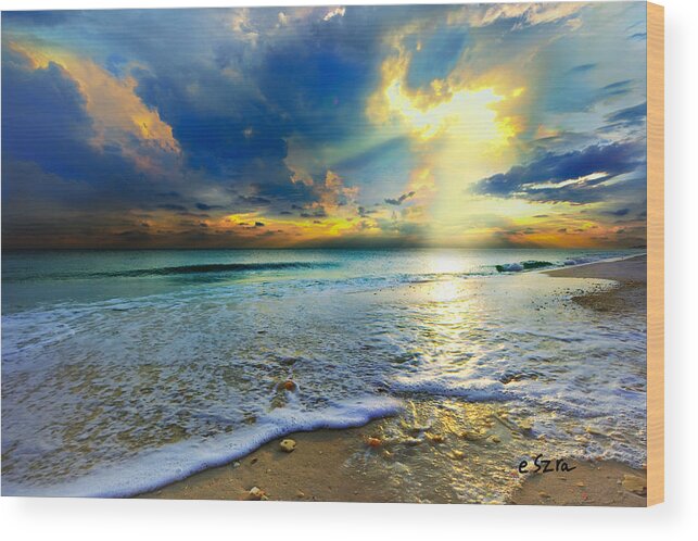 Seascape Wood Print featuring the photograph Seascape Sunset-gold Blue Sunset by Eszra Tanner