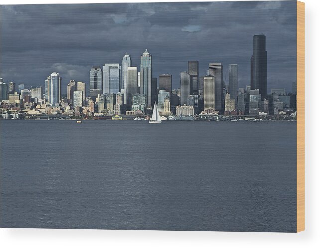Night Photo Wood Print featuring the photograph Seattle Cityscape from Alki Beach by SC Heffner