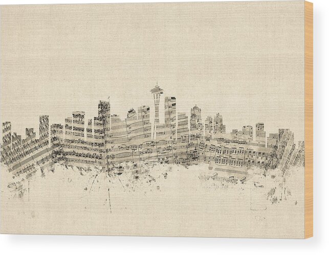United States Wood Print featuring the digital art Seattle Washington Skyline Sheet Music Cityscape by Michael Tompsett