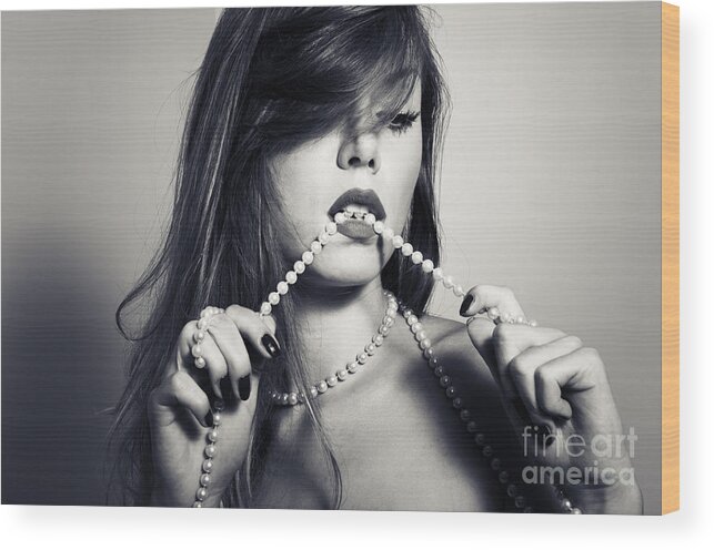 Woman Wood Print featuring the photograph Seductive Woman with pearls by Jelena Jovanovic