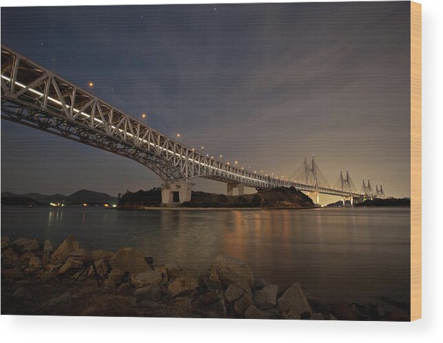 Built Structure Wood Print featuring the photograph Seto Ohashi Bridge At Night by Tdubphoto