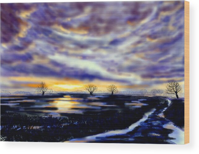 Ipad Wood Print featuring the painting Setting Sun over Flooded Fields by Glenn Marshall