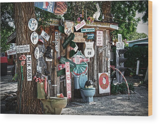 Shed Wood Print featuring the photograph Shed toilet bowls and plaques in Seligman by RicardMN Photography