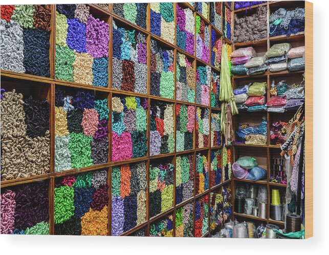 Shelf Wood Print featuring the photograph Shelves Of Colorful Yarn by Paolo Negri