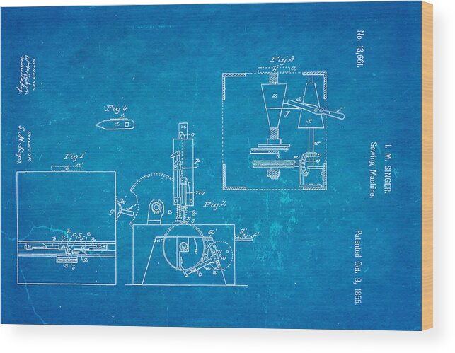 Crafts Wood Print featuring the photograph Singer Sewing Machine Patent Art 1855 Blueprint by Ian Monk