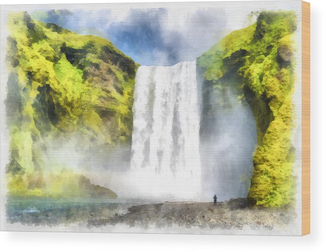 Iceland Wood Print featuring the painting Skogafoss waterfall Iceland painting aquarell watercolor by Matthias Hauser