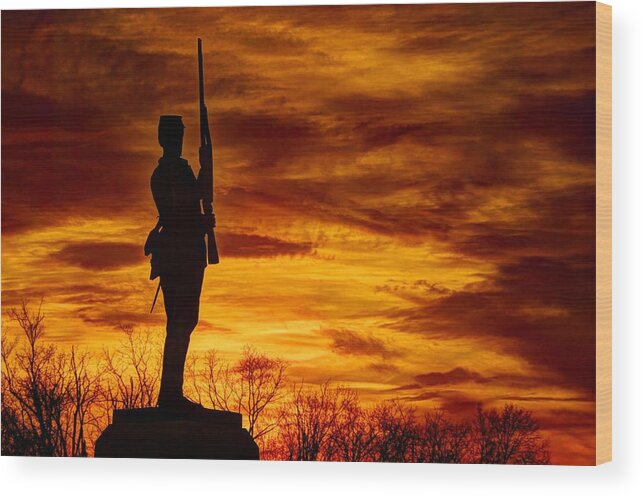 Civil War Wood Print featuring the photograph Sky Fire - The Flames of War - 11th Pennsylvania Volunteer Infantry at Gettysburg - Sunset Close3 by Michael Mazaika
