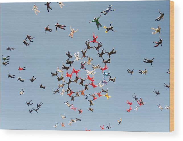 Parachuting Wood Print featuring the photograph Skydiving big group take off by Graiki