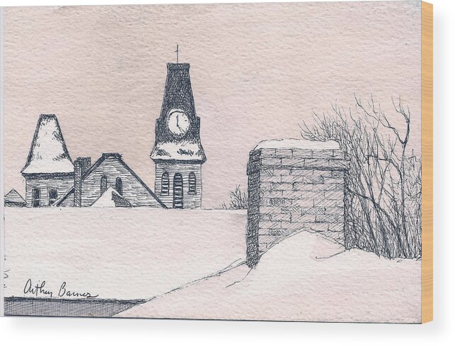 Drawing Wood Print featuring the drawing Snow and Steeple by Arthur Barnes