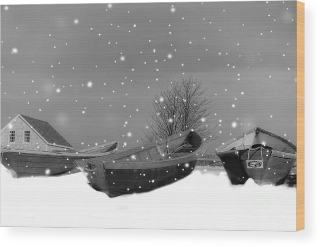 Maine Wood Print featuring the photograph Snow Falling in the Harbor by Brenda Giasson