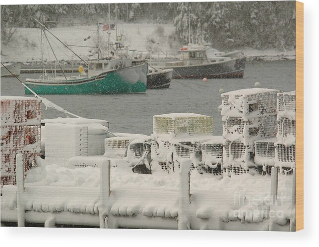 Snow Wood Print featuring the photograph Snowy Lobster Traps by Alana Ranney