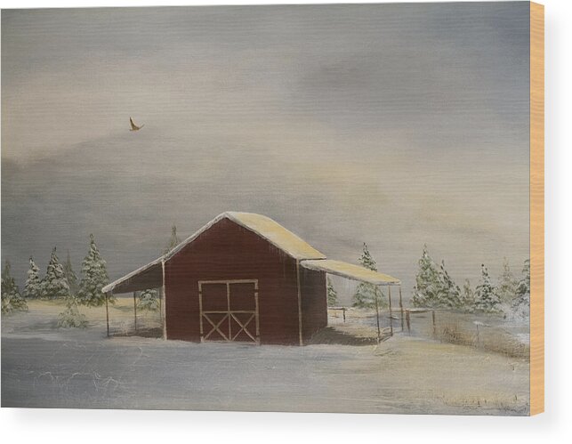 Snow Wood Print featuring the painting Snowy Red Barn by Katrina Nixon