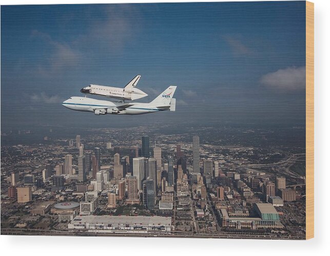 Space Shuttle Wood Print featuring the photograph Space Shuttle Endeavour Over Houston Texas by Movie Poster Prints
