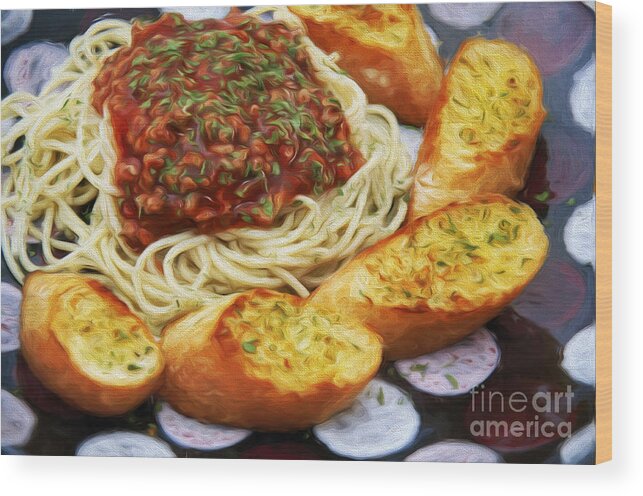 Andee Design Spaghetti Wood Print featuring the mixed media Spaghetti And Garlic Toast 6 by Andee Design