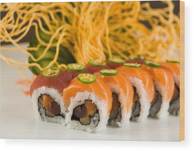 Asian Wood Print featuring the photograph Spicy Tuna and Salmon Roll by Raul Rodriguez