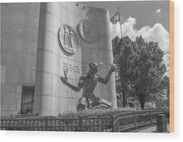 Detroit Wood Print featuring the photograph Spirit of Detroit with flag in Black and White by John McGraw