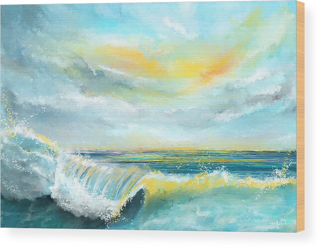 Turquoise Wood Print featuring the painting Splash Of Sun - Seascapes Sunset Abstract Painting by Lourry Legarde