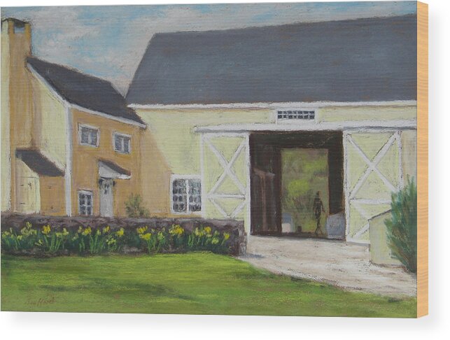 Yellow Barn Wood Print featuring the painting Spring Chores by Vikki Bouffard
