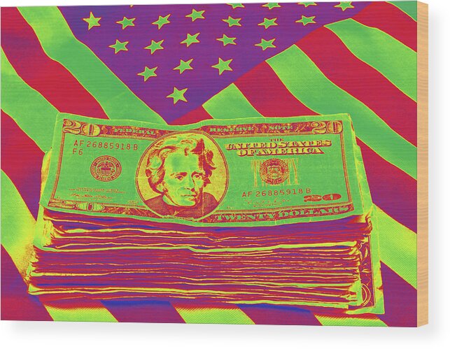 Flag Wood Print featuring the photograph Stack of Money On American Flag Pop Art by Keith Webber Jr