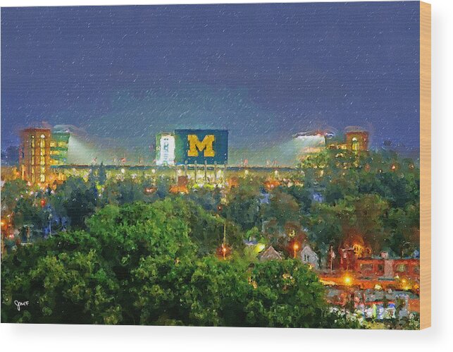 Fineartamerica Wood Print featuring the painting Stadium at Night by John Farr