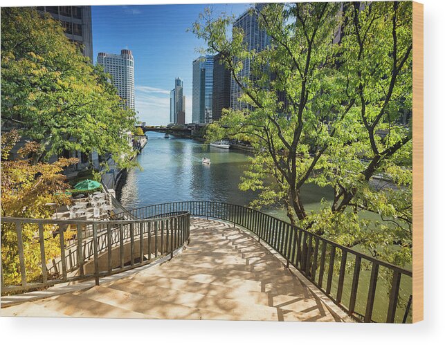 Steps Wood Print featuring the photograph Stairs To The Chicago Riverwalk by Pgiam