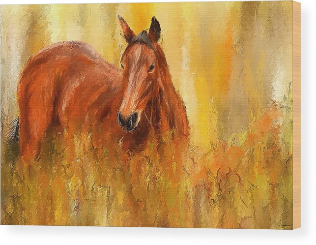 Bay Horse Paintings Wood Print featuring the painting Stallion in Autumn - Bay Horse Paintings by Lourry Legarde