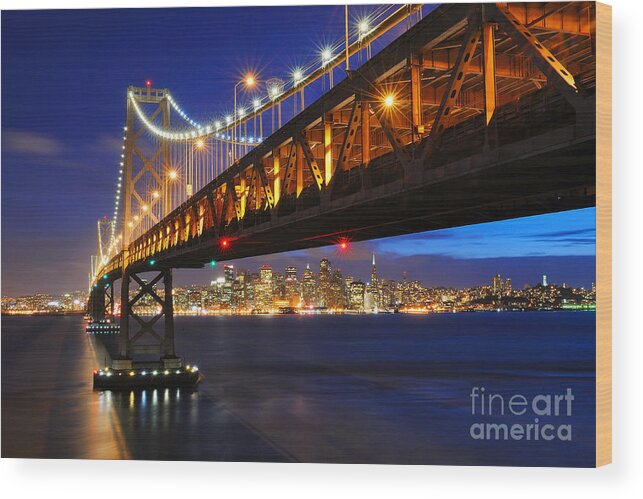 California Wood Print featuring the photograph San Francisco Skyline Framed by Bay Bridge at Dusk by Tom Schwabel