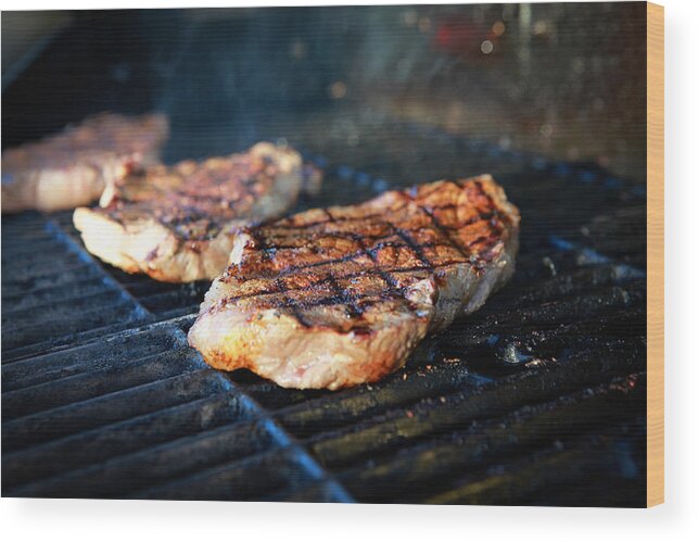Outdoors Wood Print featuring the photograph Steaks on the grill by Shannon M. Lutman