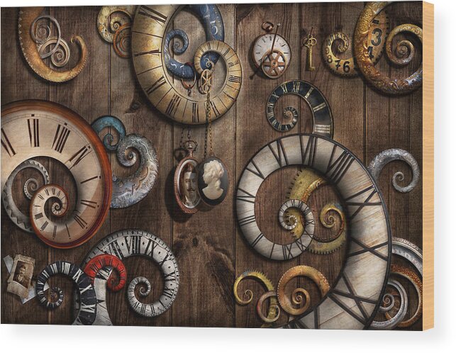 Savad Wood Print featuring the photograph Steampunk - Clock - Time machine by Mike Savad
