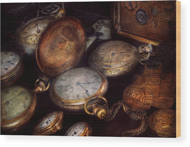 Steampunk Wood Print featuring the photograph Steampunk - Clock - Time worn by Mike Savad