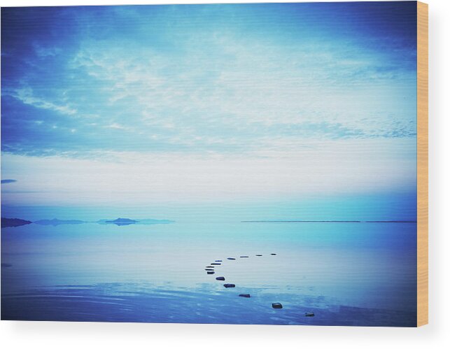 Scenics Wood Print featuring the photograph Stone Path In Calm Lake At Sunset by Thomas Barwick