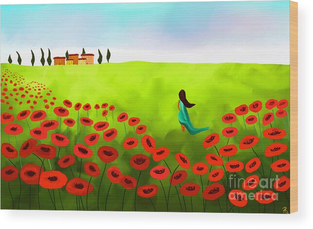 Color Wood Print featuring the painting Strolling Among The Red Poppies by Anita Lewis