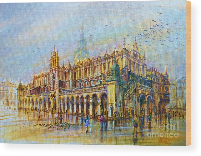 Sukiennice Wood Print featuring the painting Sukiennice in Cracow by Dariusz Orszulik