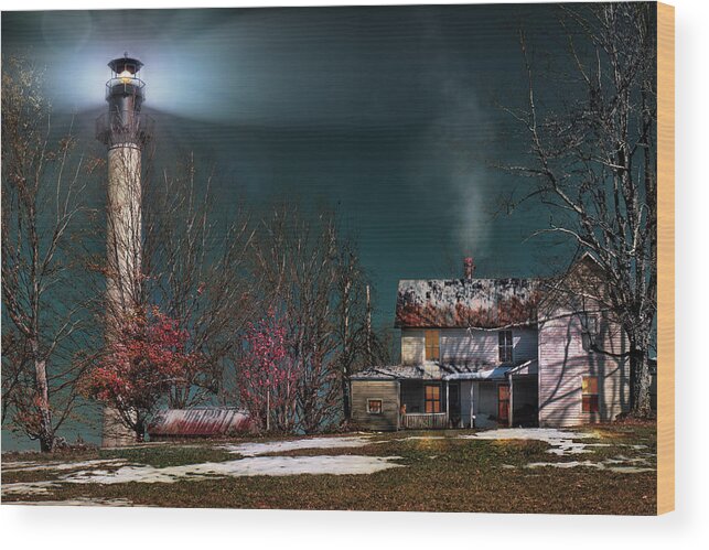 Lighthouse Farmhouse Wood Print featuring the painting Summersville Lake Lighthouse Mount Nebo WV by Mary Almond